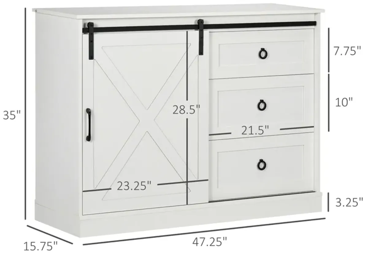 White Farmhouse Storage: Kitchen Sideboard with Barn Door & Drawers