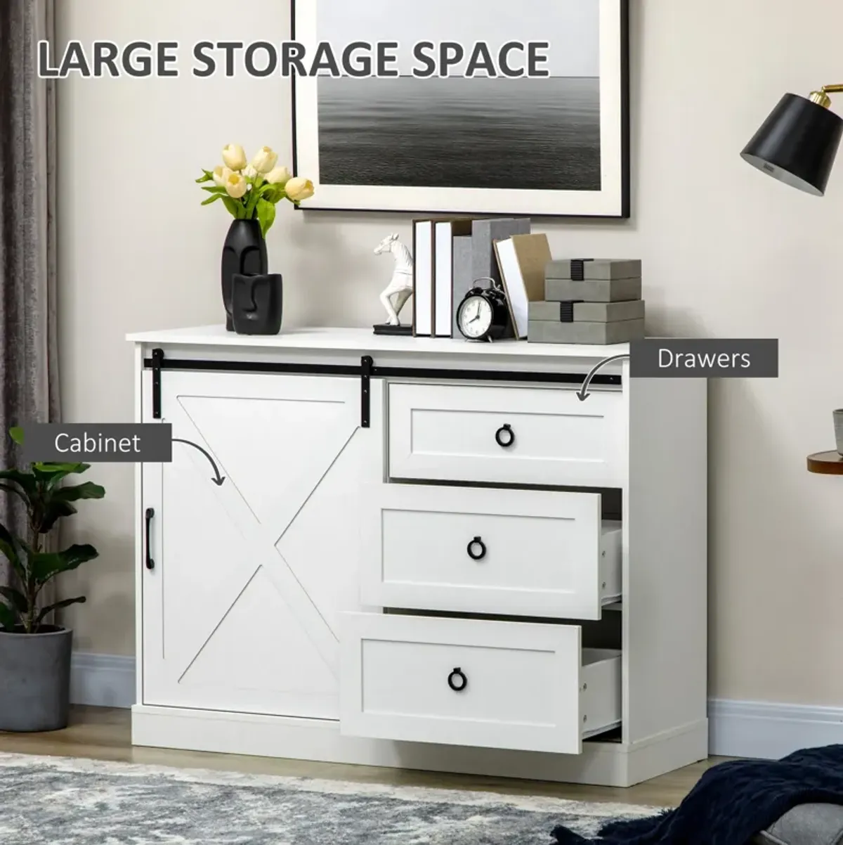 White Farmhouse Storage: Kitchen Sideboard with Barn Door & Drawers