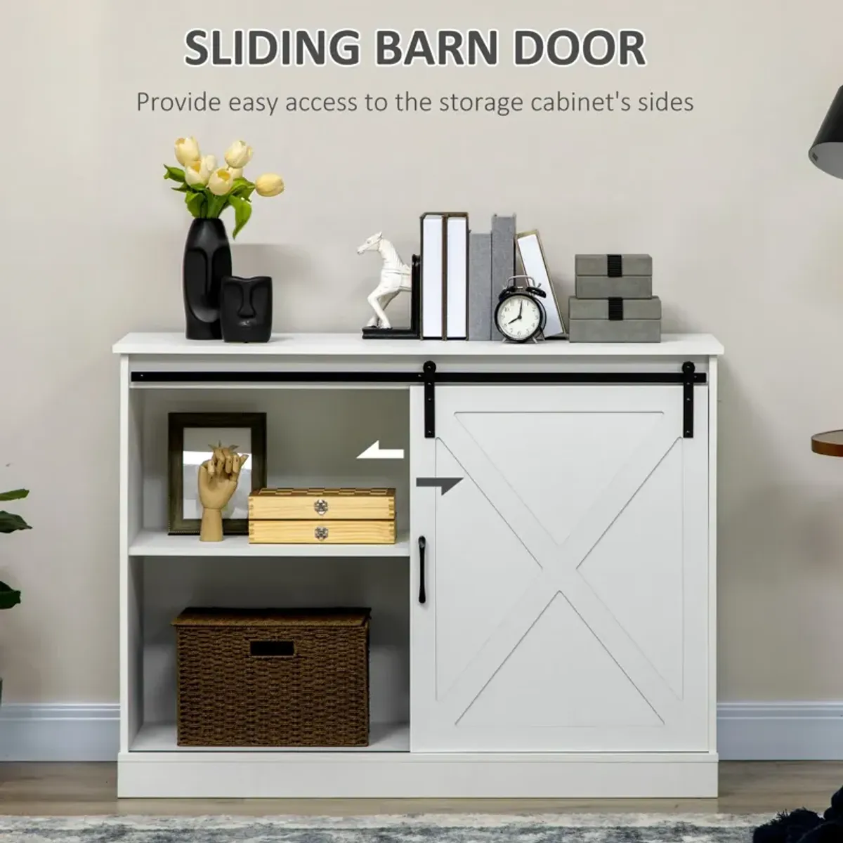 White Farmhouse Storage: Kitchen Sideboard with Barn Door & Drawers