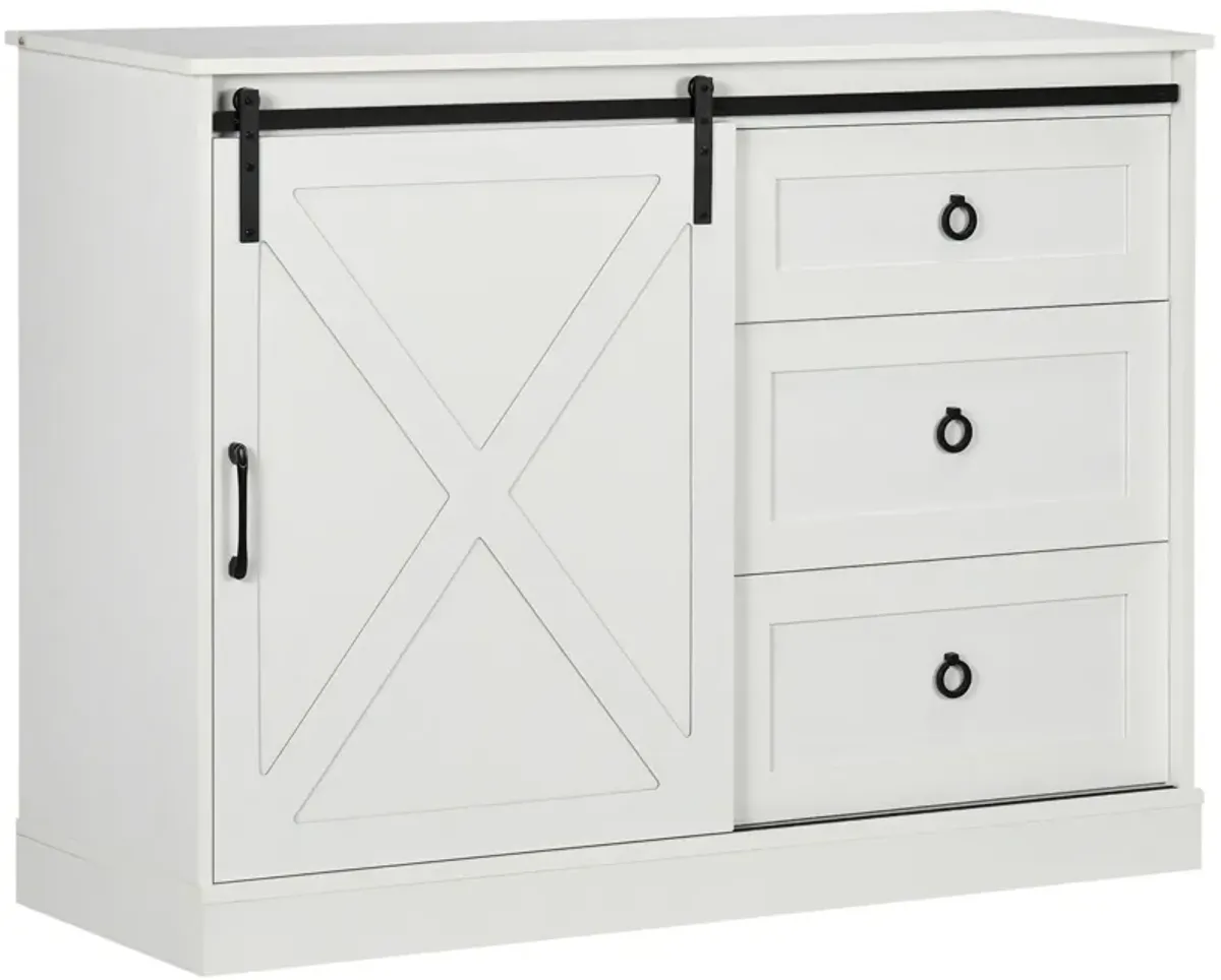 White Farmhouse Storage: Kitchen Sideboard with Barn Door & Drawers