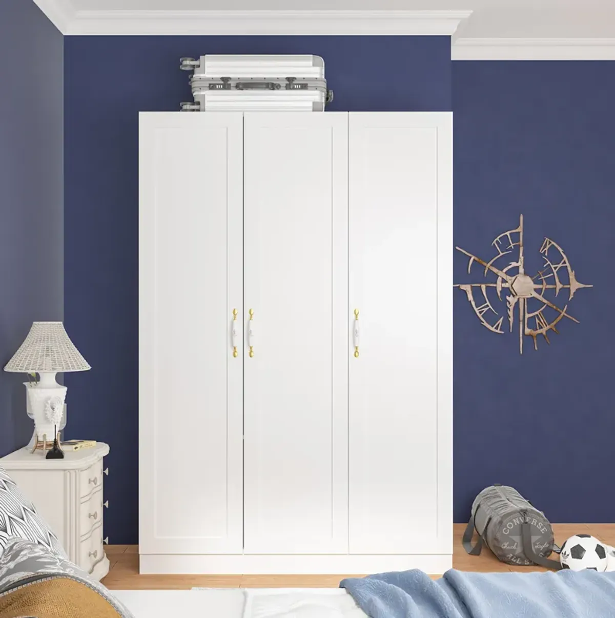 Wardrobe Armoire with Hanging Rod 3 Door Armoire Wardrobe Closet White