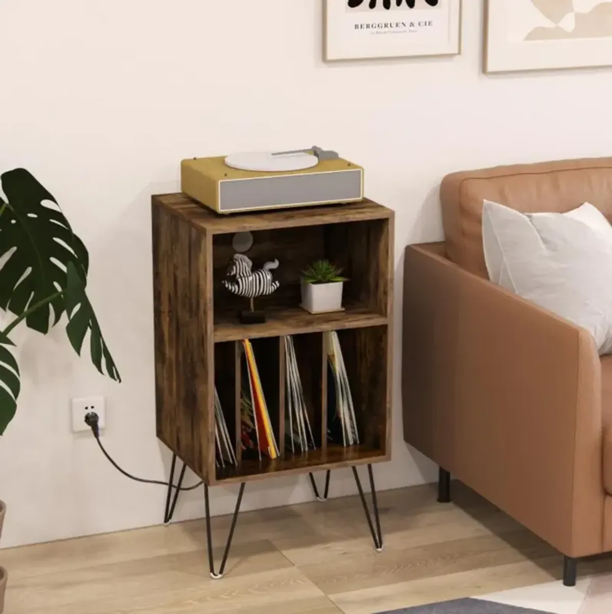 Hivvago Record Player Stand with Charging Station for Living Room Bedroom