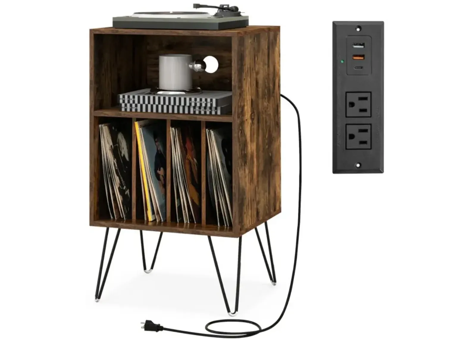 Hivvago Record Player Stand with Charging Station for Living Room Bedroom