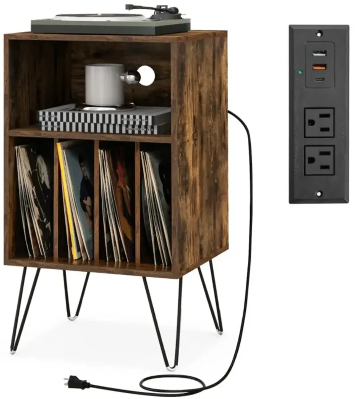 Hivvago Record Player Stand with Charging Station for Living Room Bedroom