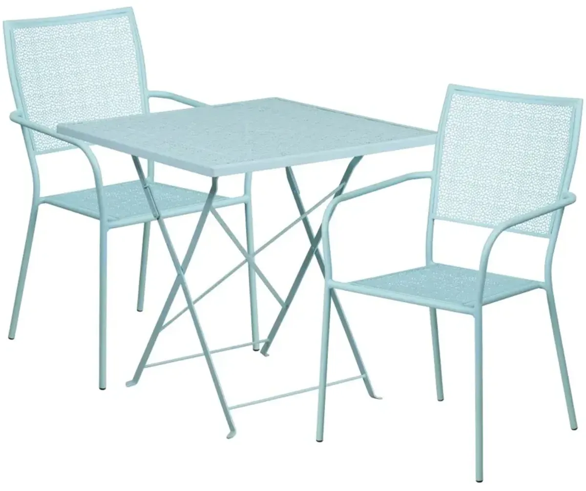 Flash Furniture Oia Commercial Grade 28" Square Coral Indoor-Outdoor Steel Folding Patio Table Set with 2 Square Back Chairs