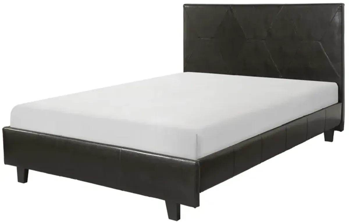 Leo Queen Size Platform Bed, Diamond Stitch Brown Faux Leather, Solid Wood - Benzara