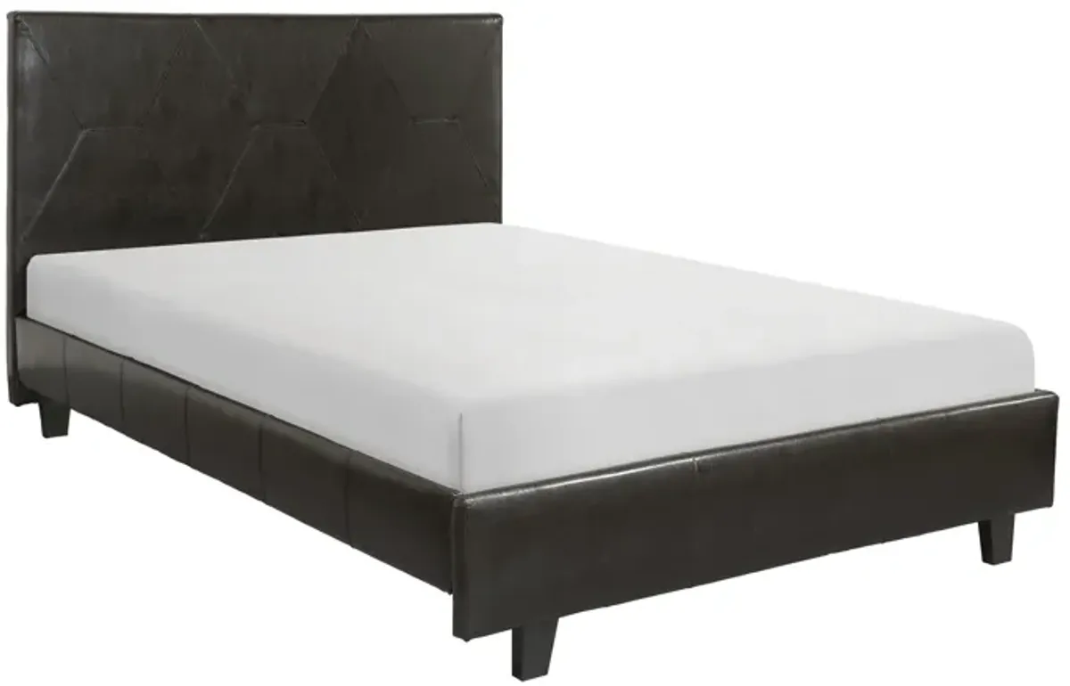 Leo Queen Size Platform Bed, Diamond Stitch Brown Faux Leather, Solid Wood - Benzara