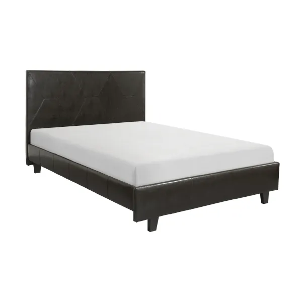 Leo Queen Size Platform Bed, Diamond Stitch Brown Faux Leather, Solid Wood - Benzara