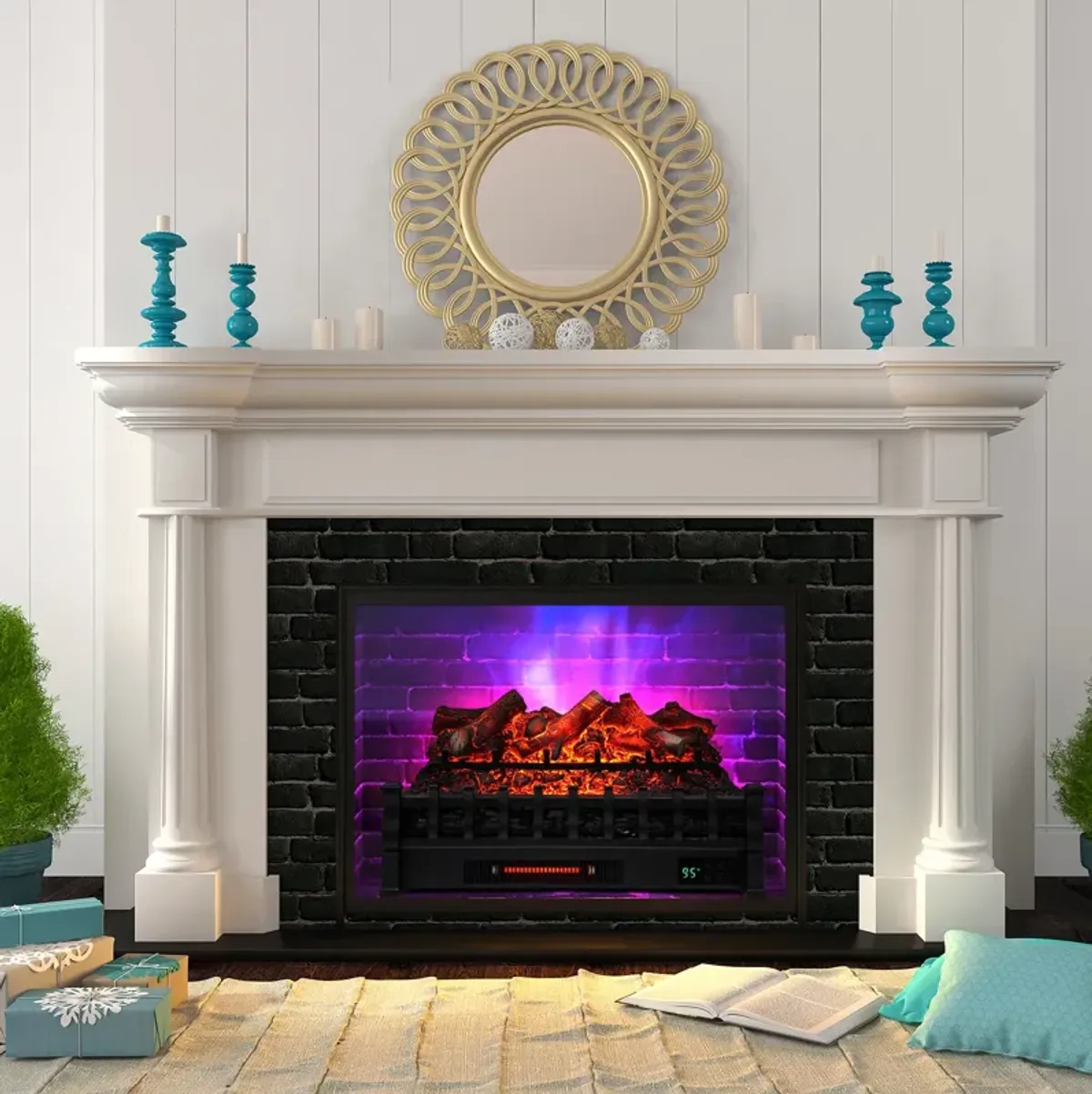 26 Inch Electric Fireplace Heater with Remote Control and Realistic Lemonwood Ember Bed-Black