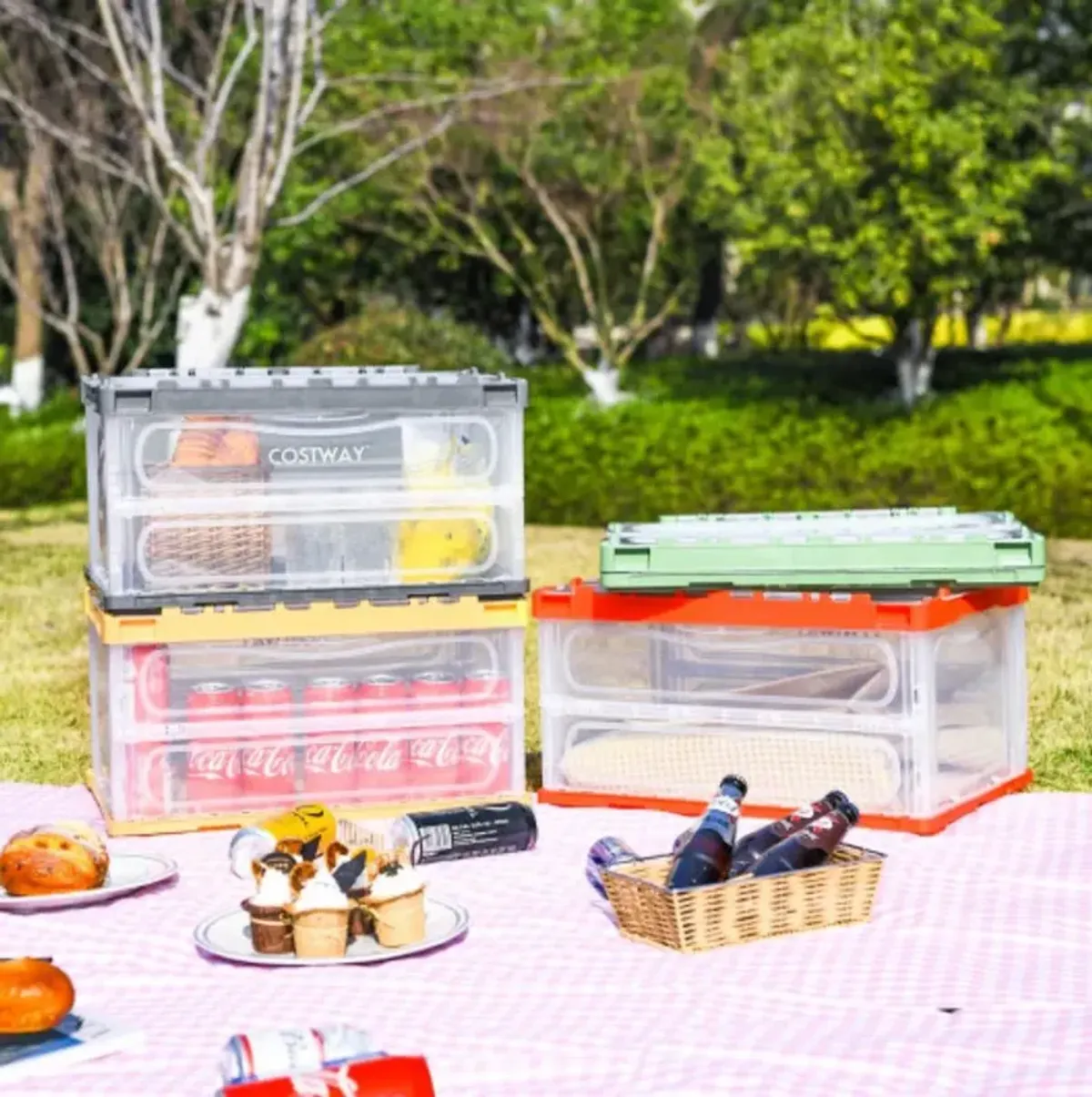 4 Pack Collapsible and Stackable Plastic Storage Bins with Attached Lid