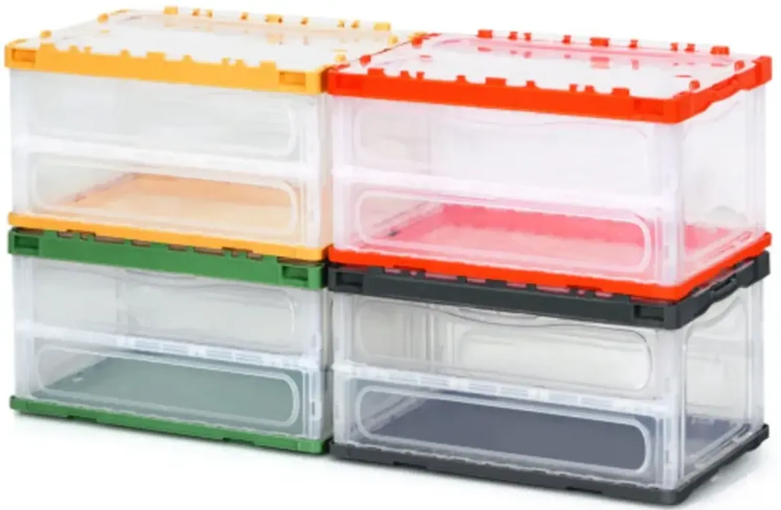 4 Pack Collapsible and Stackable Plastic Storage Bins with Attached Lid