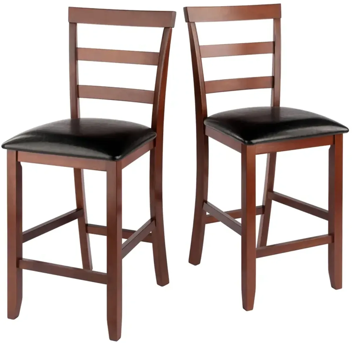 Ergode Simone 2-Pc Ladder Back Counter Stool Set, Black Faux Leather, Walnut Frame, Comfortable Cushioning, 25"H Seat Height