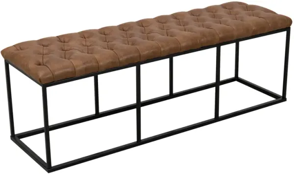Leatherette Upholstered Bench with Button Tufted Cushioned Seat and Metal Base, Brown-Benzara