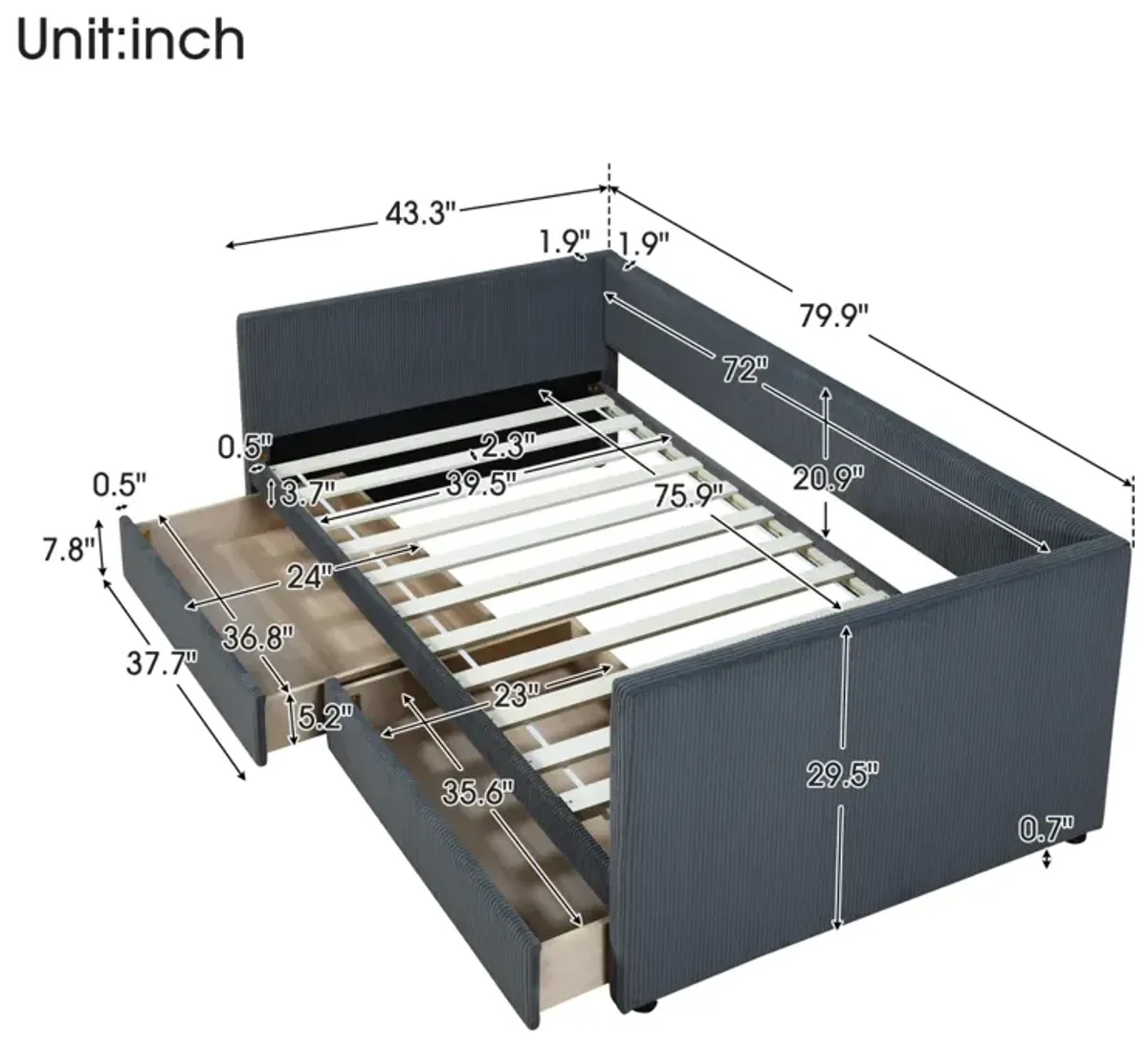 Twin Size Corduroy Daybed With Two Drawers And Wood Slat, Gray