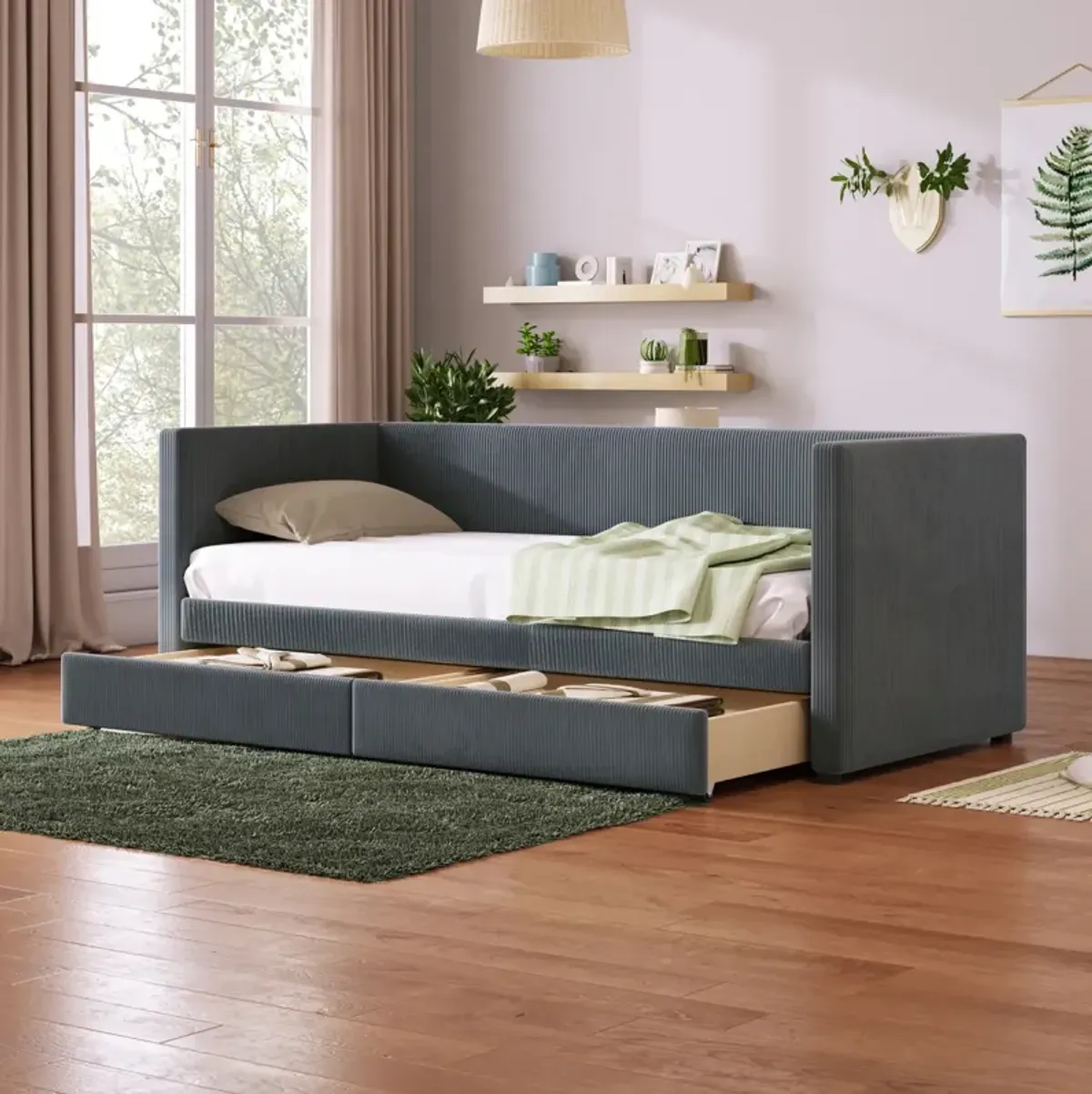 Twin Size Corduroy Daybed With Two Drawers And Wood Slat, Gray