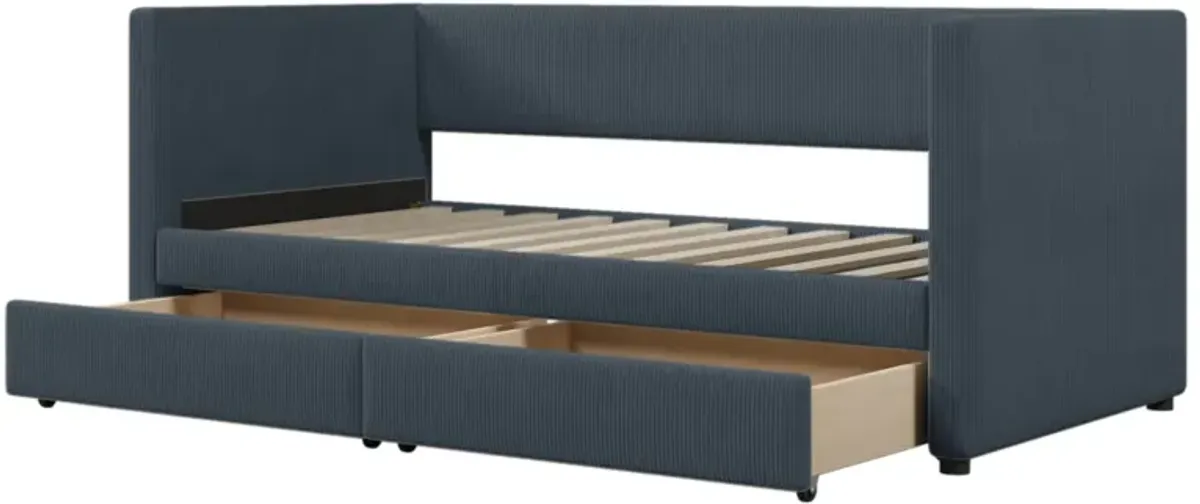 Twin Size Corduroy Daybed With Two Drawers And Wood Slat, Gray