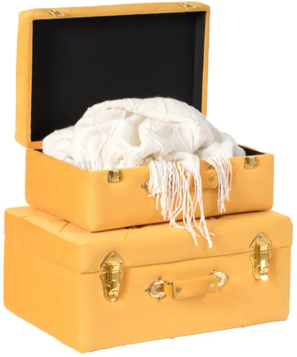 Decorative Tufted Velvet Suitcase Treasure Chest Set of 2, Yellow