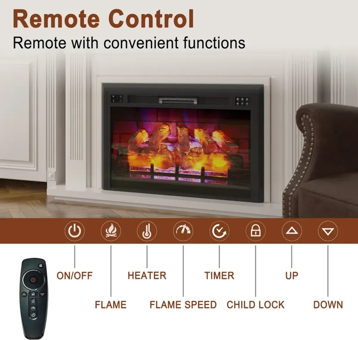 MONDAWE 28" Wall-Mounted Recessed Electric Fireplace 5120 BTU Heater with Remote Control Adjustable Flame Color & Heat Setting