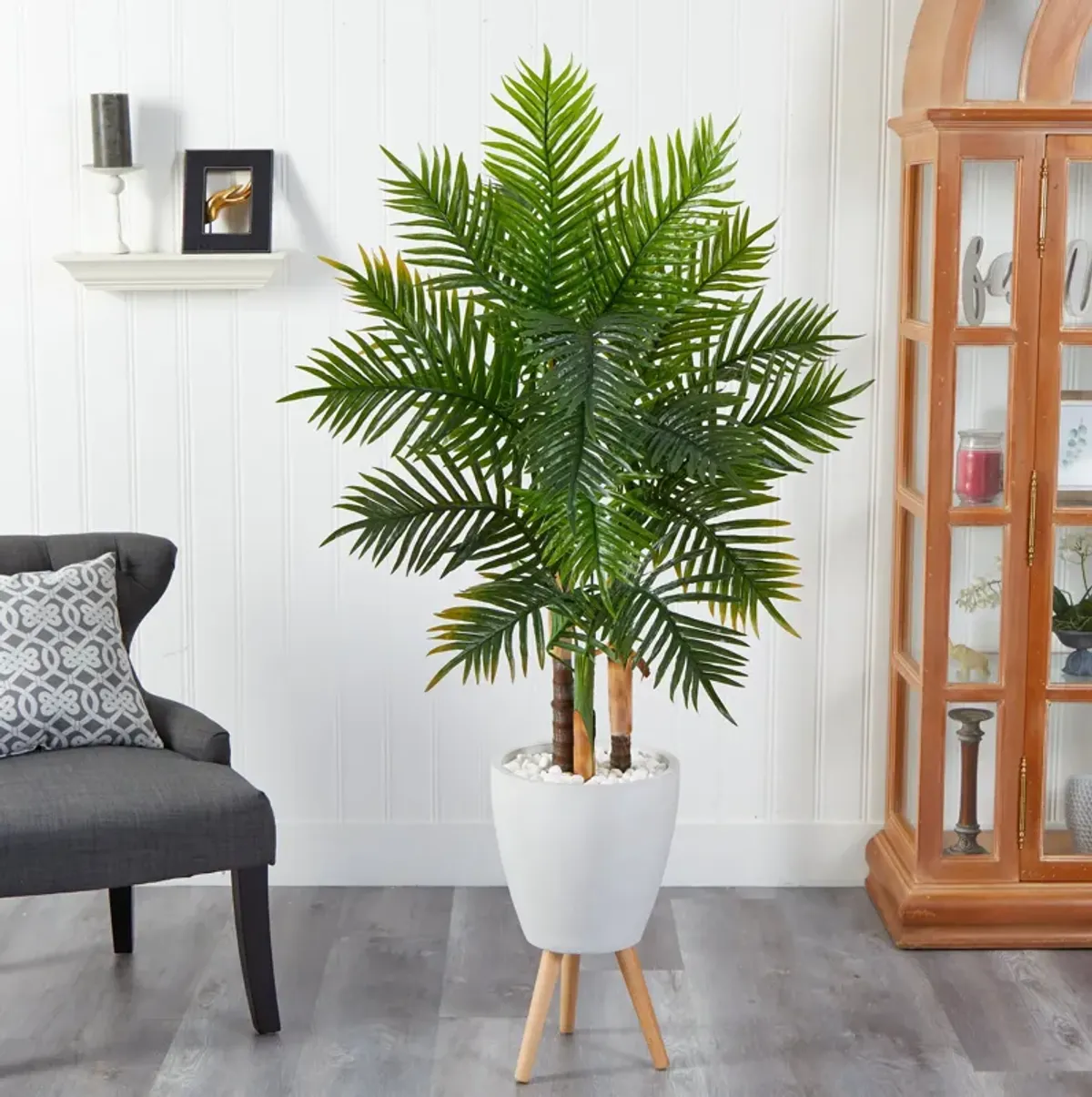 HomPlanti 63 Inches Areca Artificial Palm Tree in White Planter with Stand (Real Touch)