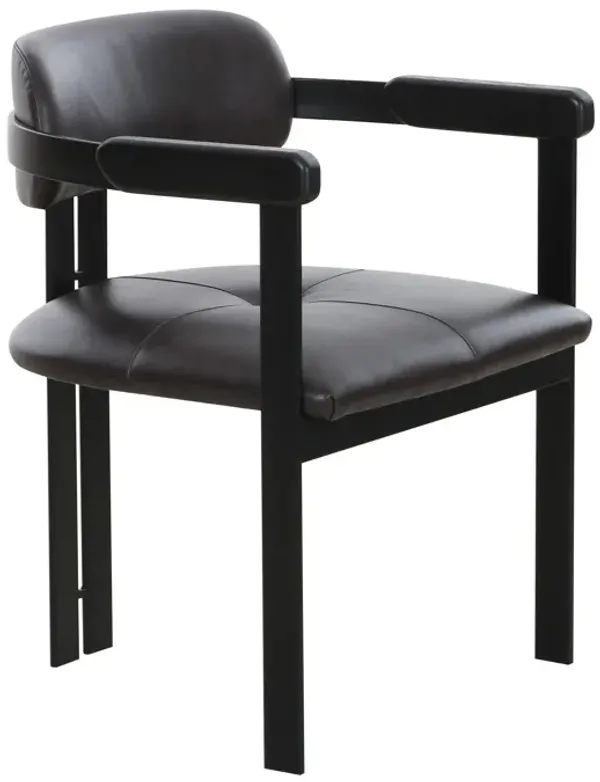Anta Dining Chair, Black Iron Slats Back, Dark Brown Genuine Leather - Benzara