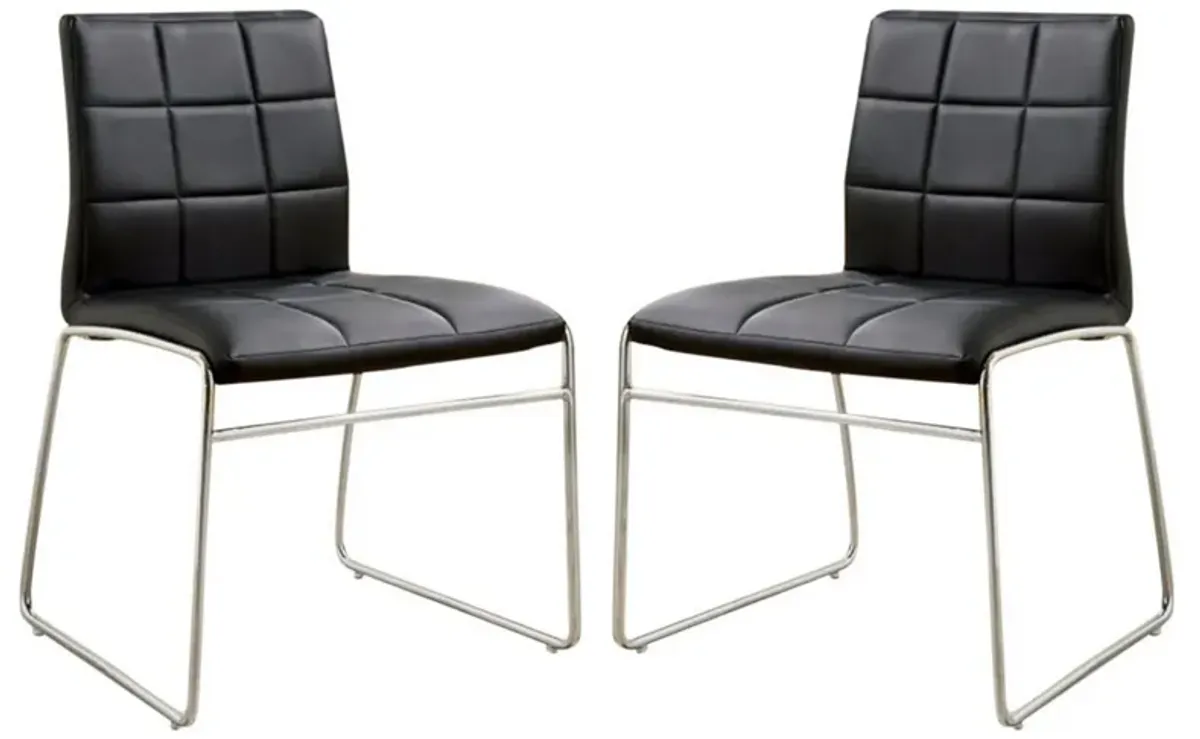 19 Inch Metal Dining Chair, Black Faux Leather, Square Tufting, Set of 2-Benzara