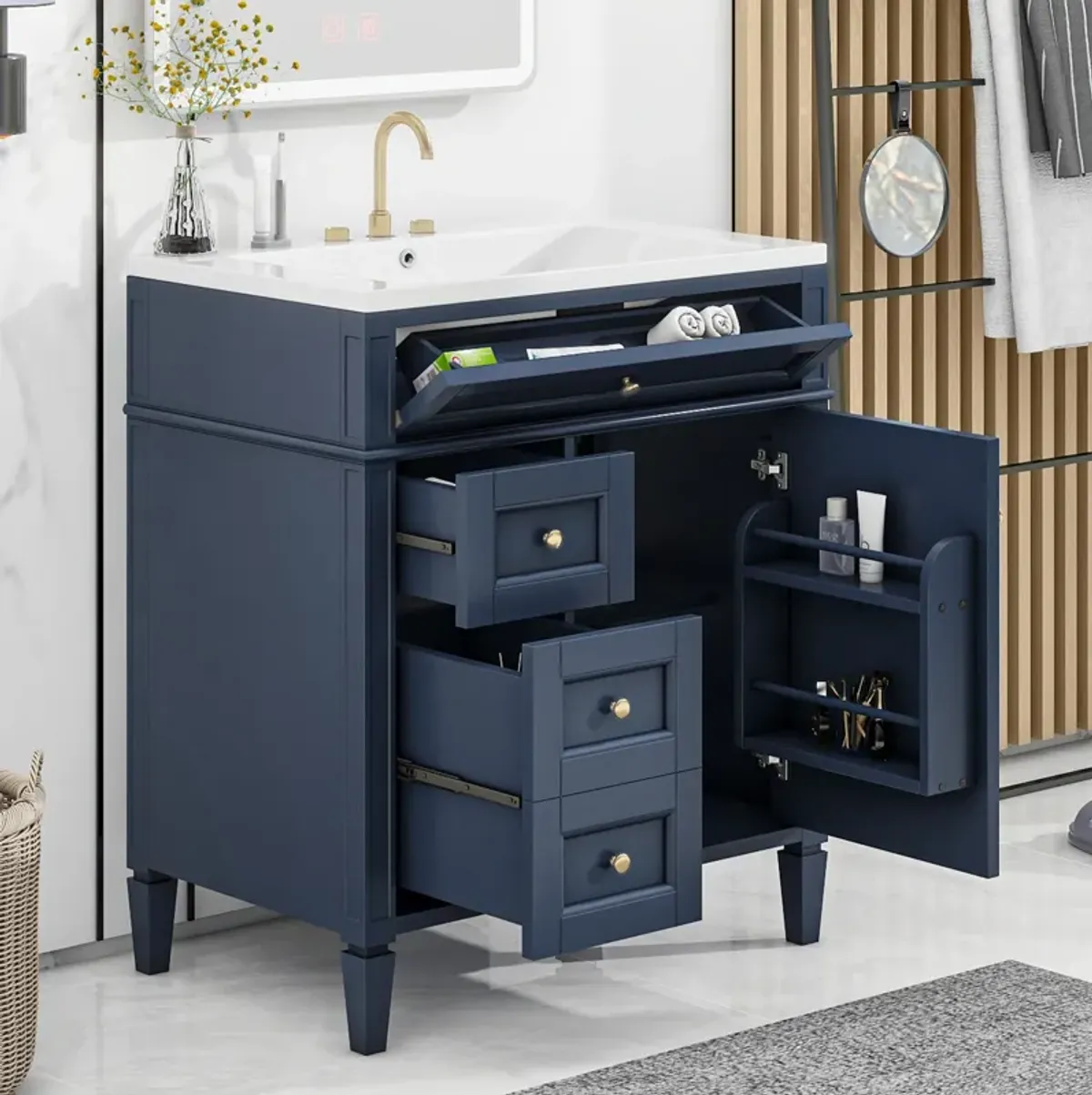 Modern Bathroom Vanity with Adjustable Shelf and Tip-Out Drawer