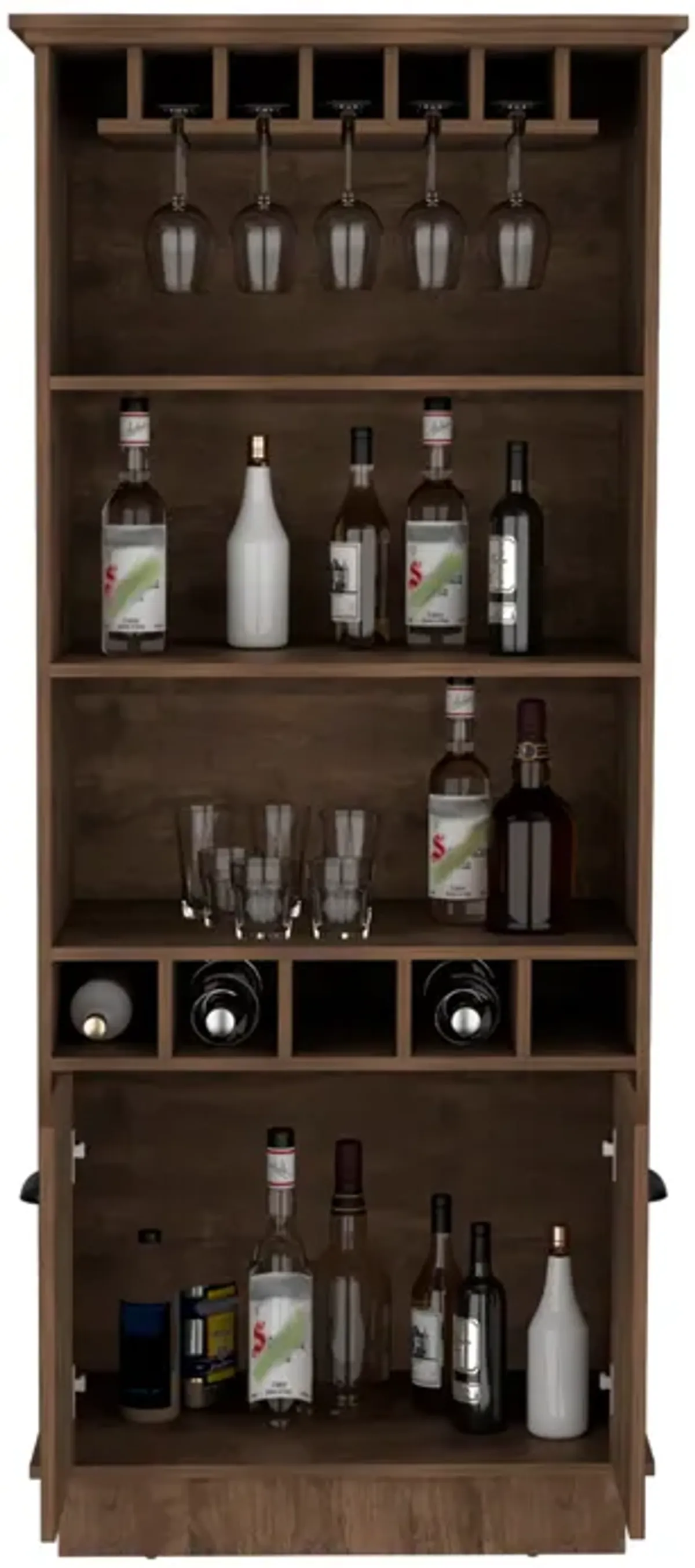 Dundee 70-Inch High 10-Glass Bar Cabinet with 5 Cubbies and 3 Open Shelves and Cabinet