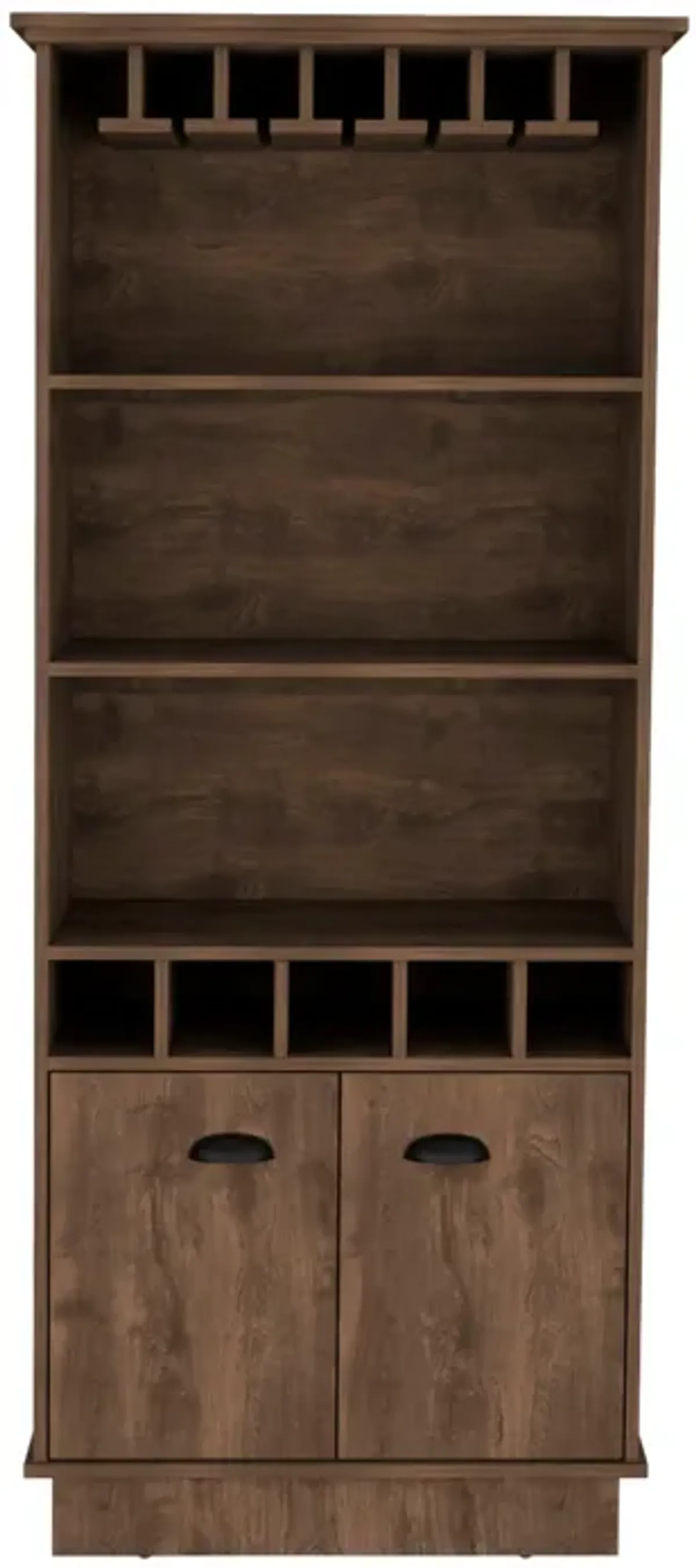 Dundee 70-Inch High 10-Glass Bar Cabinet with 5 Cubbies and 3 Open Shelves and Cabinet