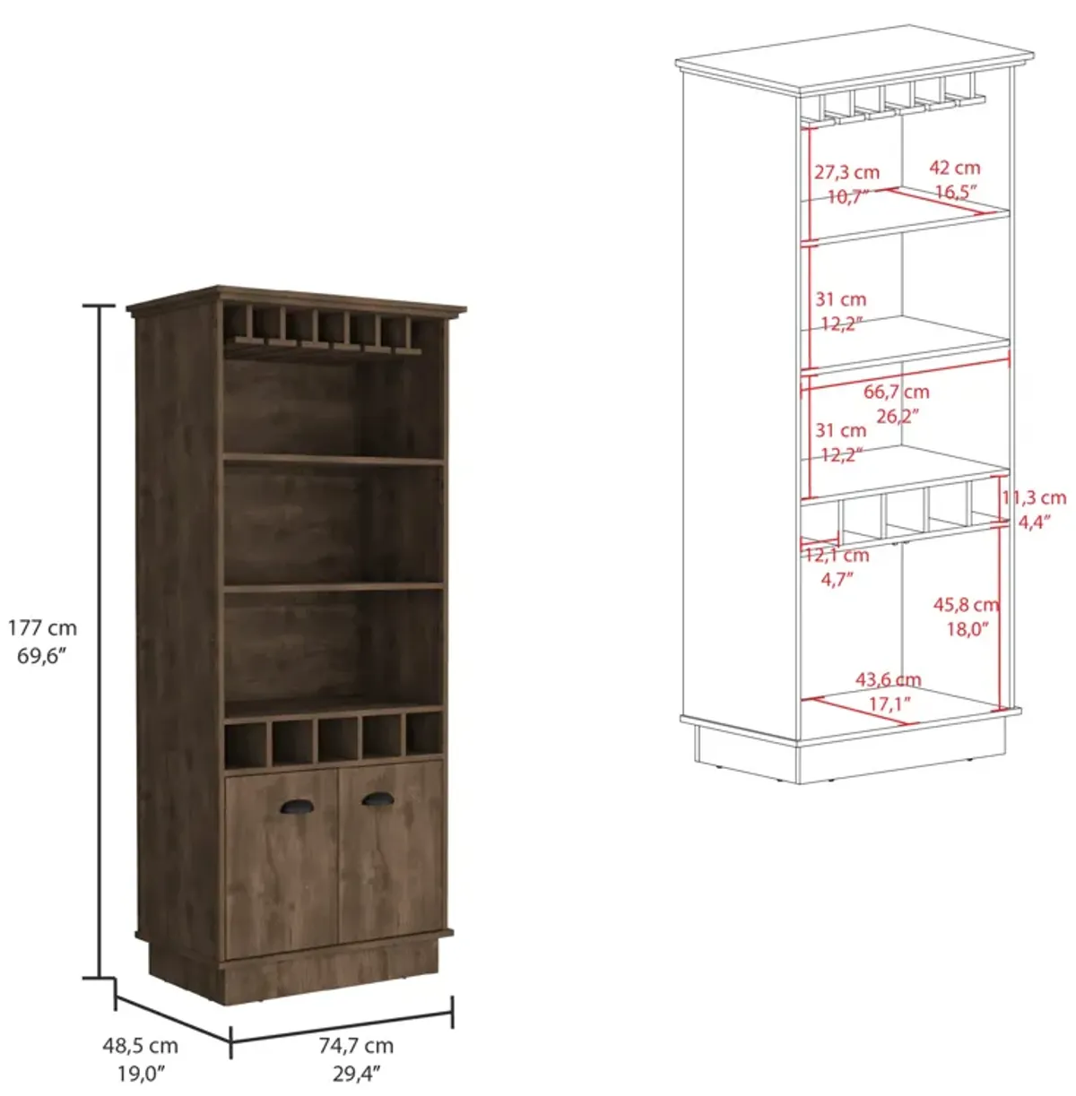 Dundee 70-Inch High 10-Glass Bar Cabinet with 5 Cubbies and 3 Open Shelves and Cabinet