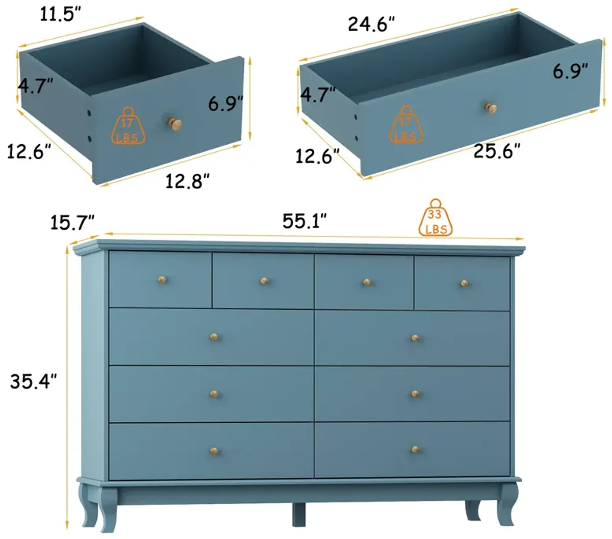 10 Drawer 55.1" W Double Dresser