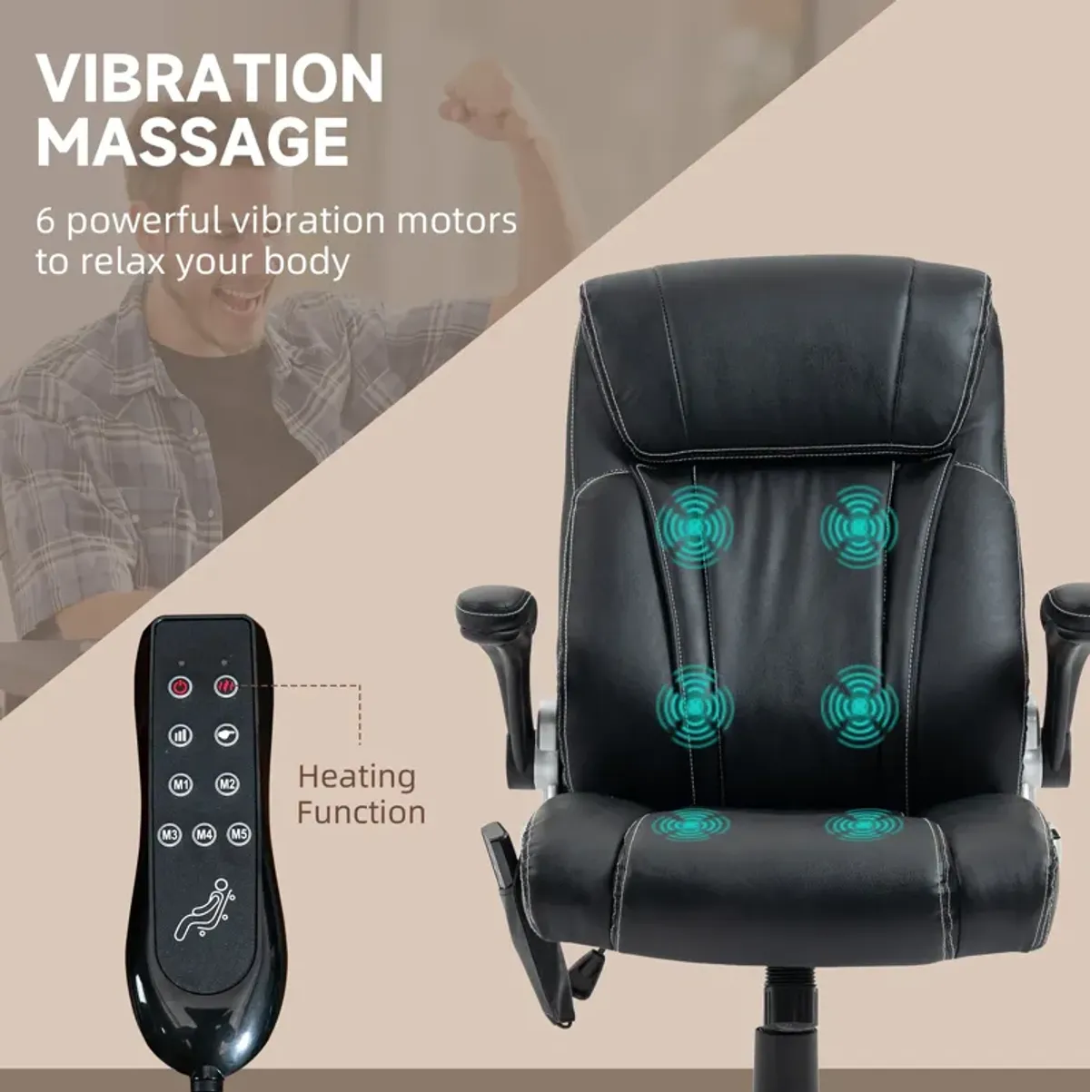 Black Faux Leather Massage Chair: 6 Vibration Points, Flip-up Armrest