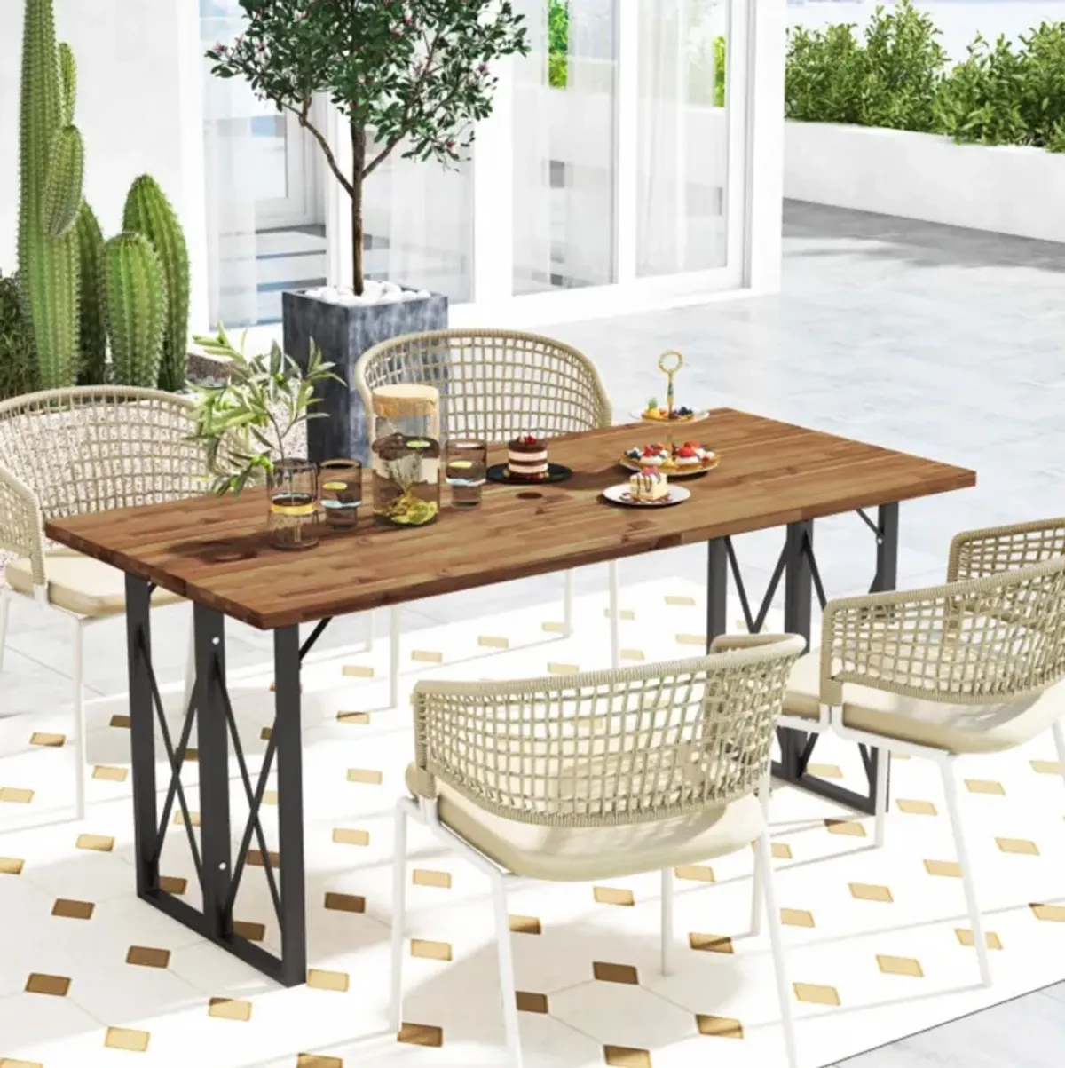 Hivvago 67 Inch Patio Rectangle Acacia Wood Dining Table with Umbrella Hole