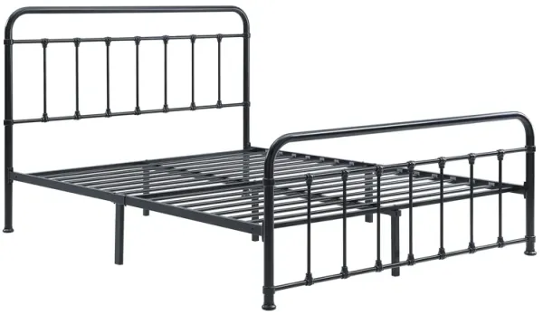 Ryan Queen Platform Bed, Slatted Headboard, Footboard, Black Metal Frame - Benzara