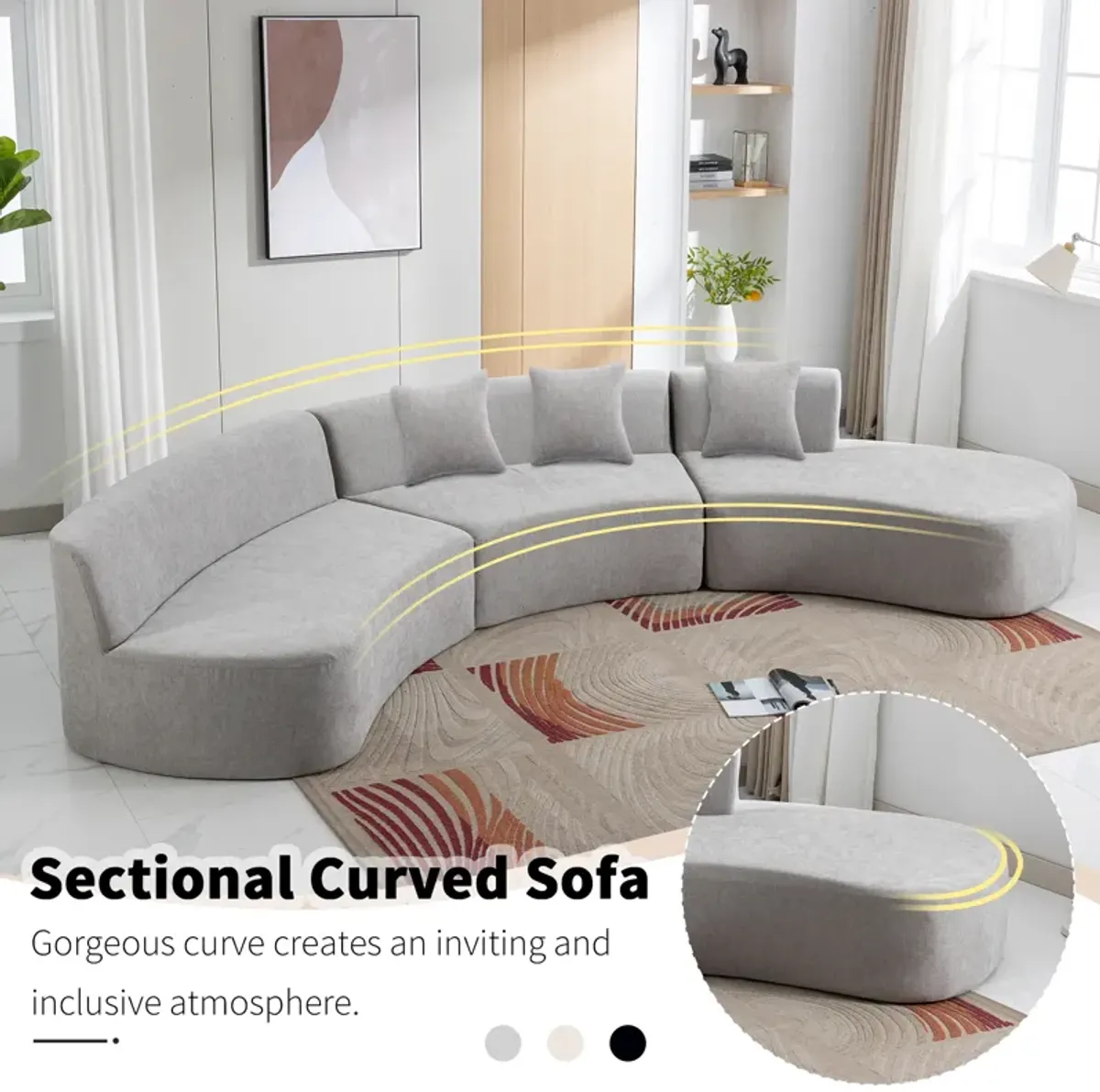 Merax Chenille Curved Sofa with Three Throw Pillows