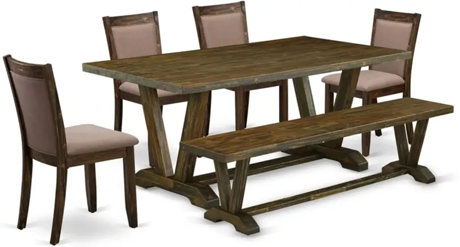 East West Furniture V777MZ748-6 6Pc Dining Set - Rectangular Table , 4 Parson Chairs and a Bench - Multi-Color Color