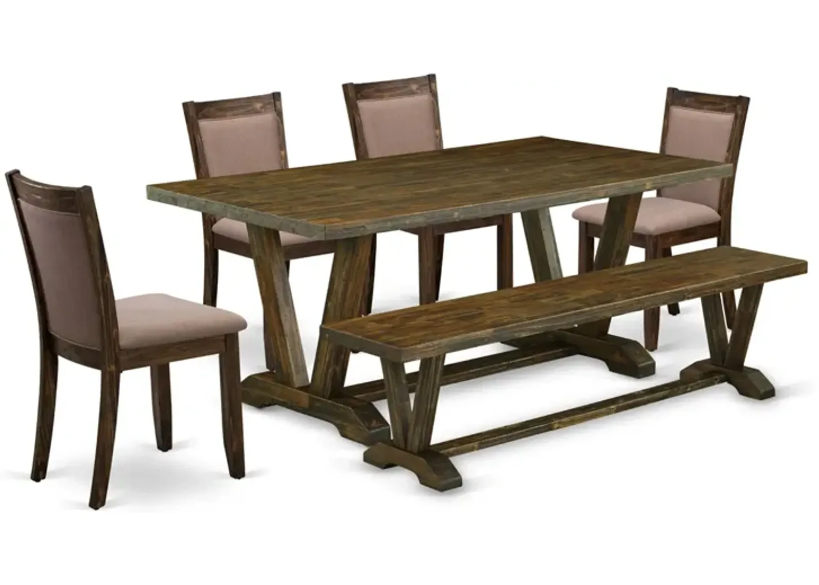 East West Furniture V777MZ748-6 6Pc Dining Set - Rectangular Table , 4 Parson Chairs and a Bench - Multi-Color Color