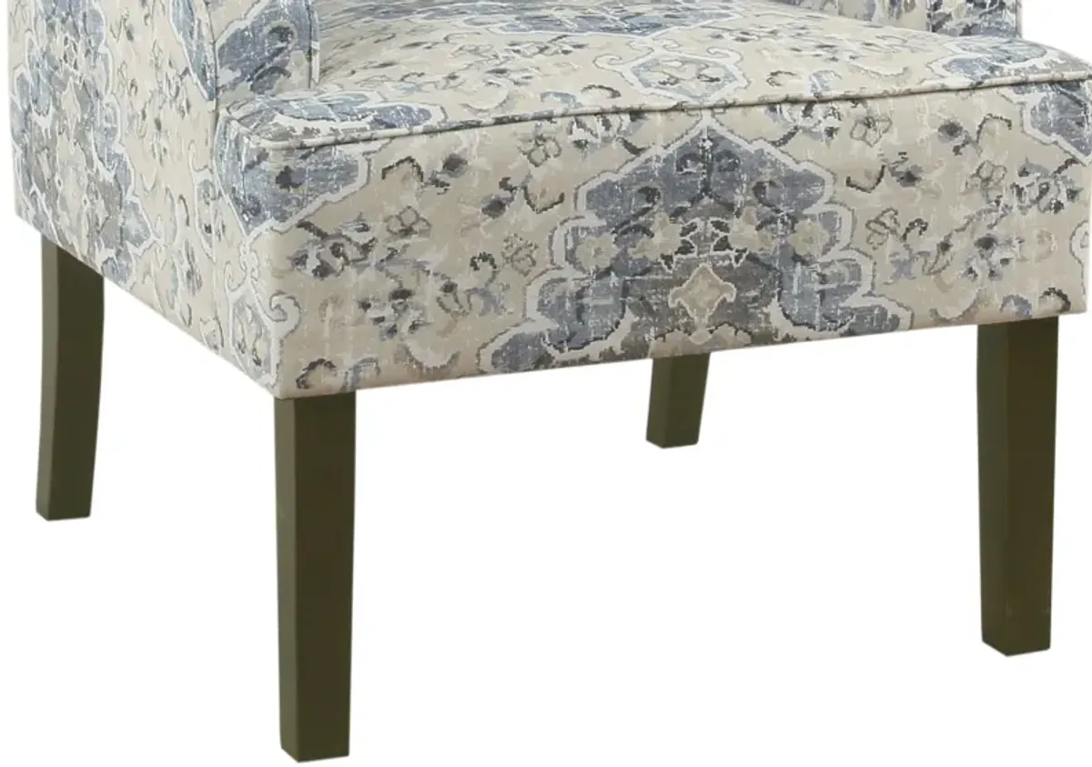 Fabric Upholstered Wooden Accent Chair with Swooping Armrests, Blue, Cream and Brown - Benzara