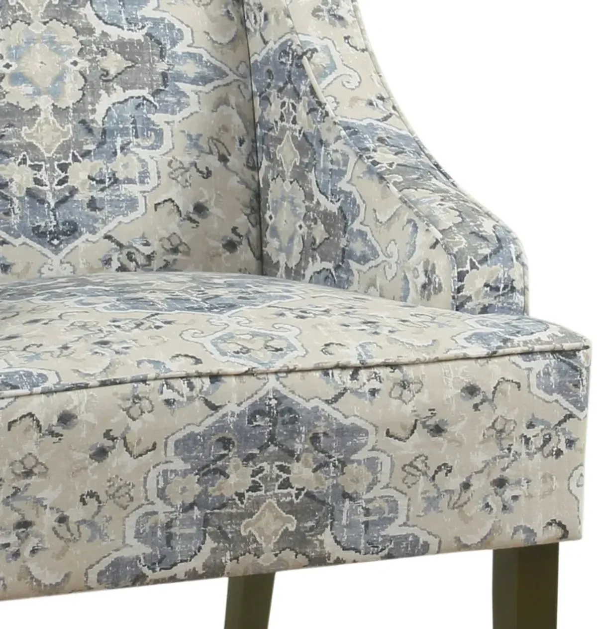 Fabric Upholstered Wooden Accent Chair with Swooping Armrests, Blue, Cream and Brown - Benzara