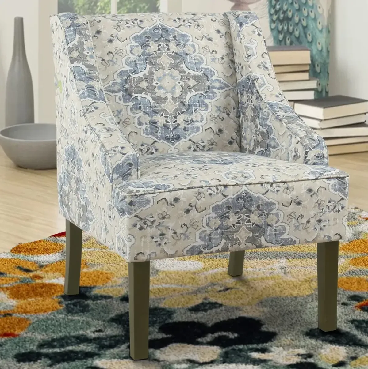 Fabric Upholstered Wooden Accent Chair with Swooping Armrests, Blue, Cream and Brown - Benzara