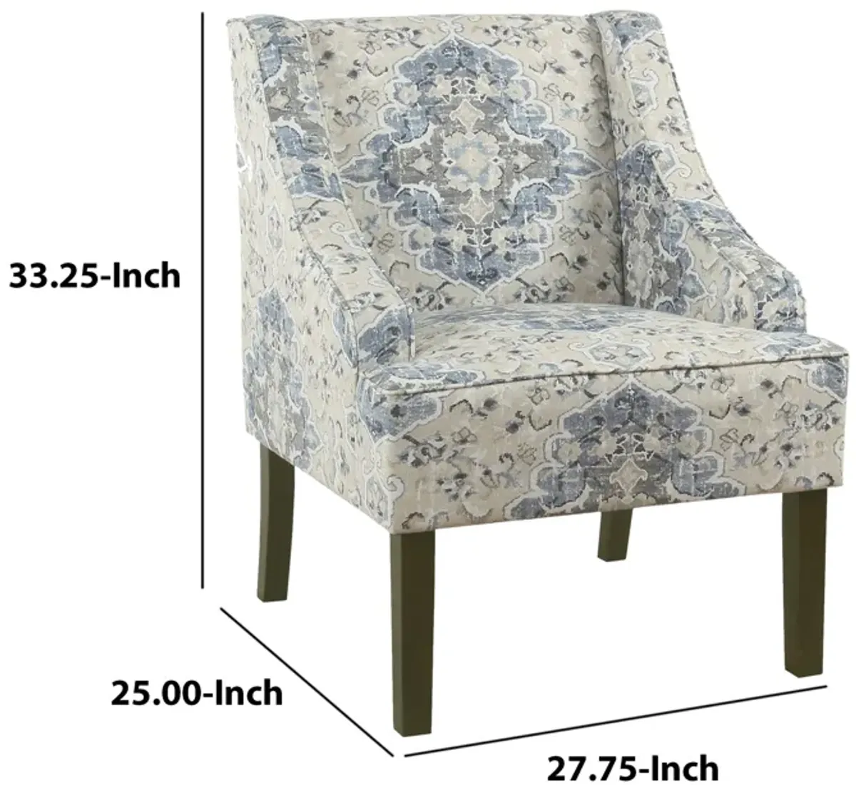 Fabric Upholstered Wooden Accent Chair with Swooping Armrests, Blue, Cream and Brown - Benzara