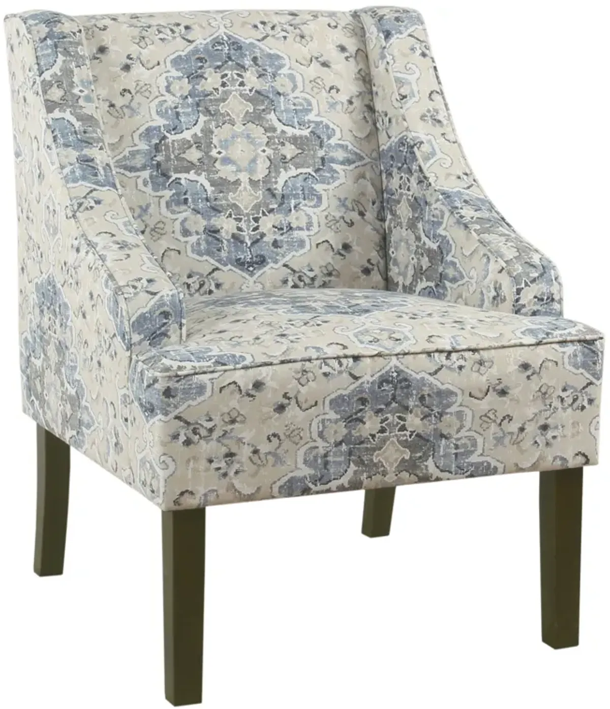 Fabric Upholstered Wooden Accent Chair with Swooping Armrests, Blue, Cream and Brown - Benzara