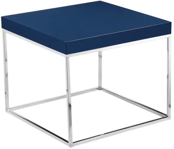 Zen 24 Inch Side End Table, Square, Polished Blue Top, Chrome Metal Finish - Benzara