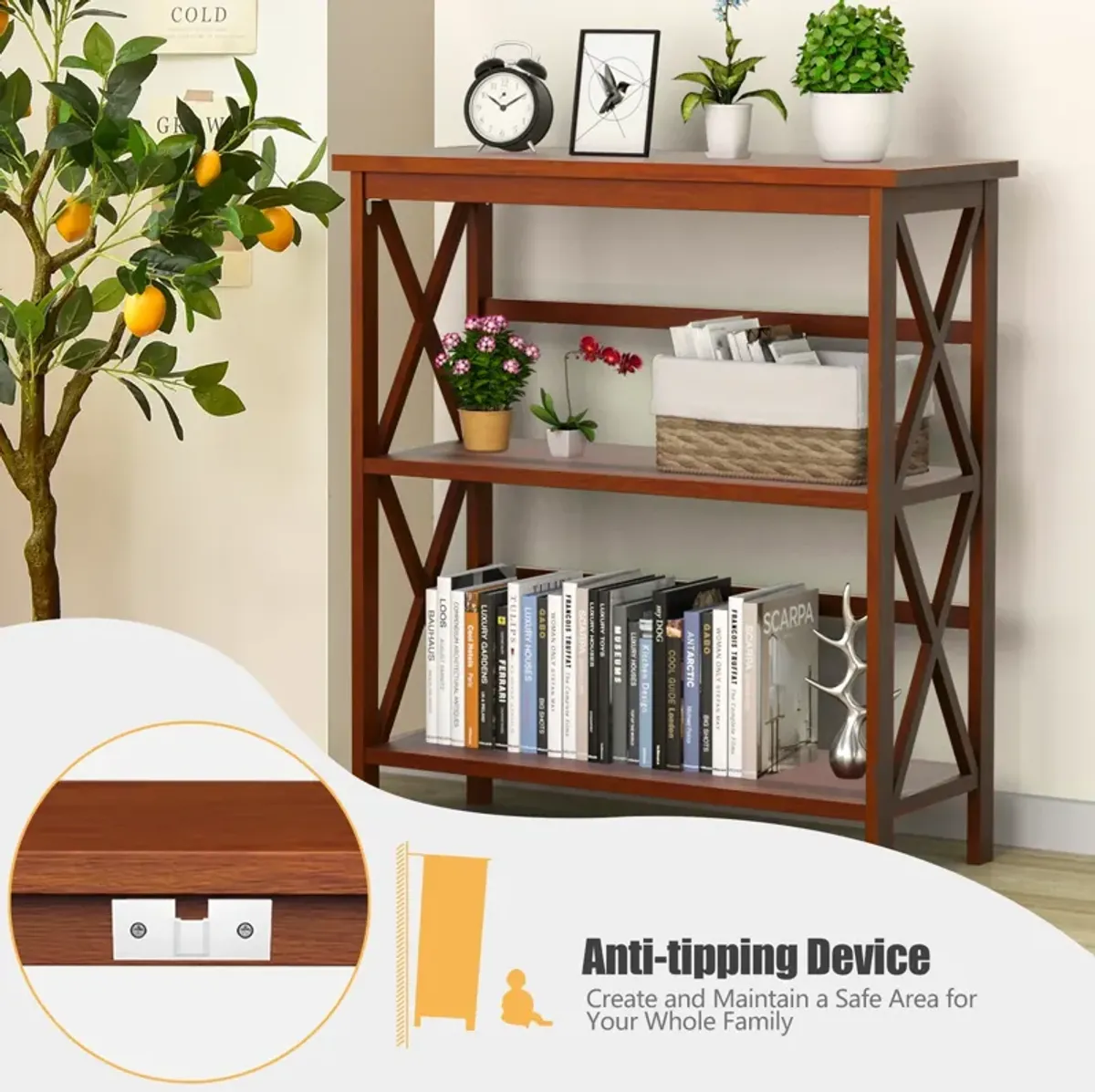 3-Tier Wooden Multi-Functional X-Design Etagere Storage Bookshelf