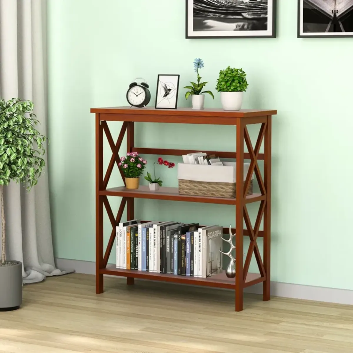 3-Tier Wooden Multi-Functional X-Design Etagere Storage Bookshelf