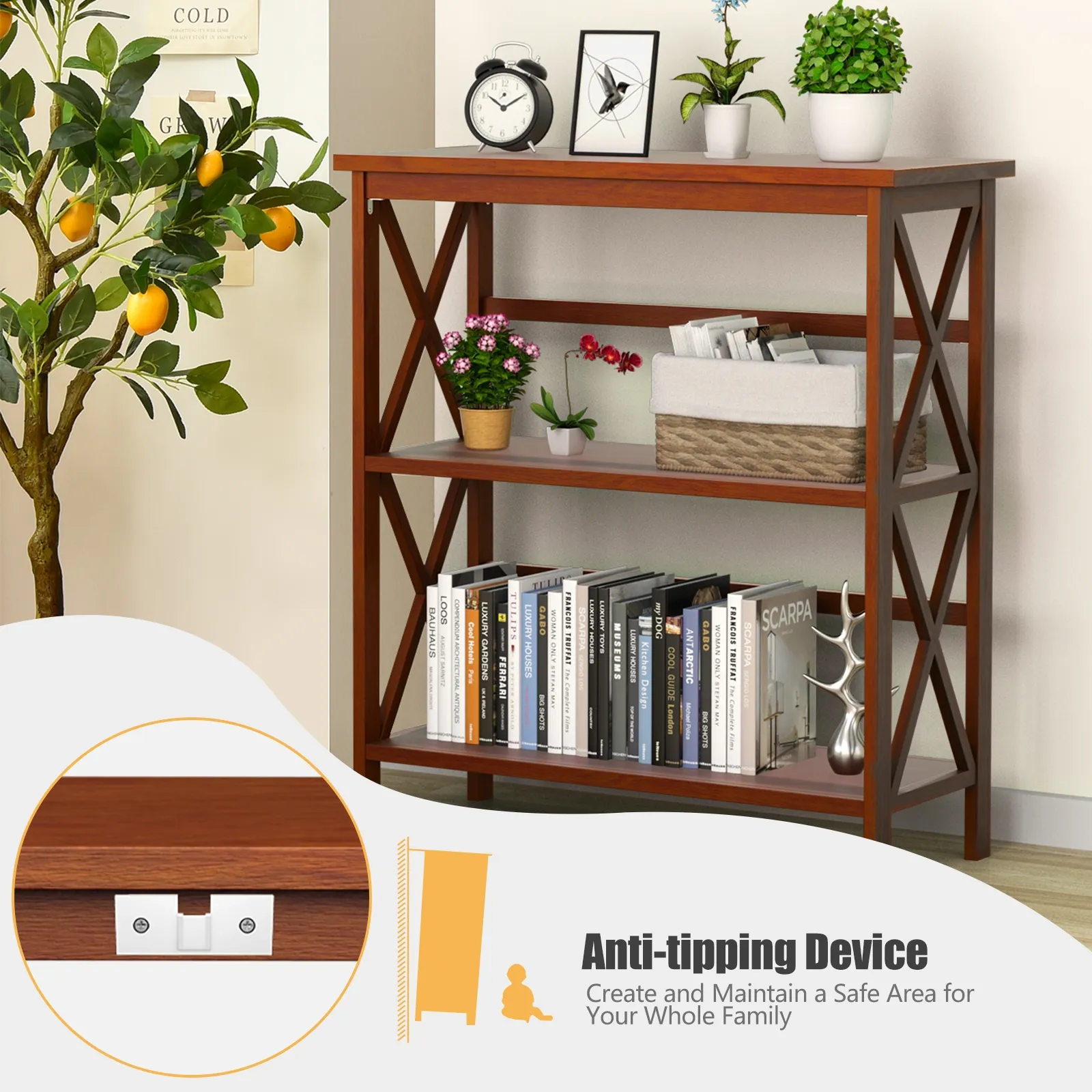 3-Tier Wooden Multi-Functional X-Design Etagere Storage Bookshelf