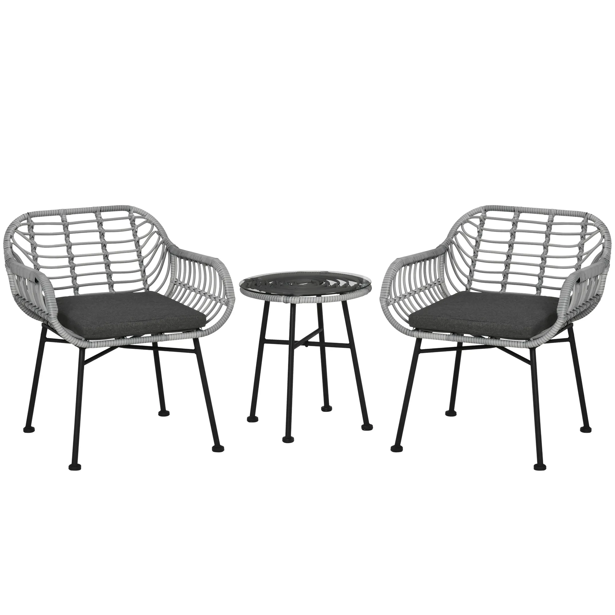 3-Piece Rattan Bistro Outdoor Table & Chairs Furniture Patio Set, Garden, Grey