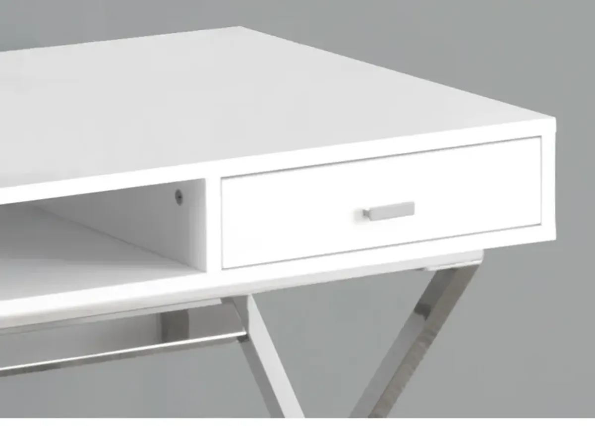 Monarch Specialties I 7211 Computer Desk, Home Office, Laptop, Storage Drawers, 48"L, Work, Metal, Laminate, Glossy White, Chrome, Contemporary, Modern