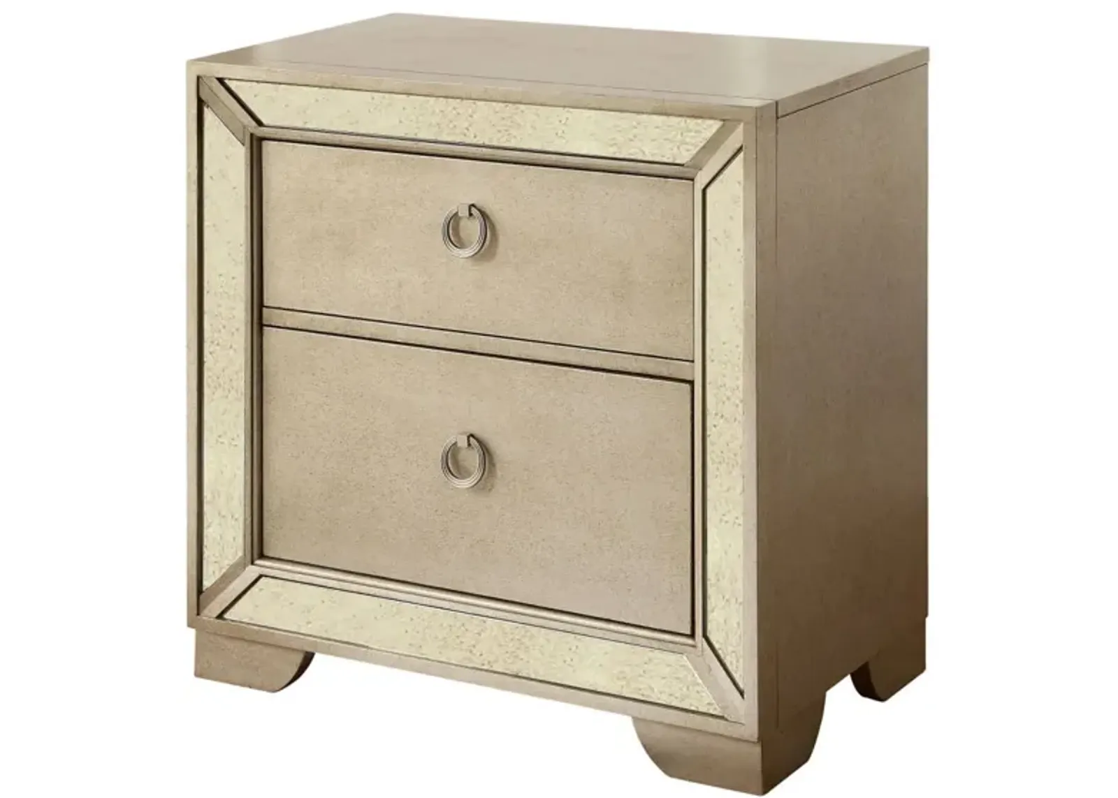 Glam Champagne Gray Finish 1 Piece Nightstand Antique Mirror Panels Ring Pull Handles Bedroom Furniture