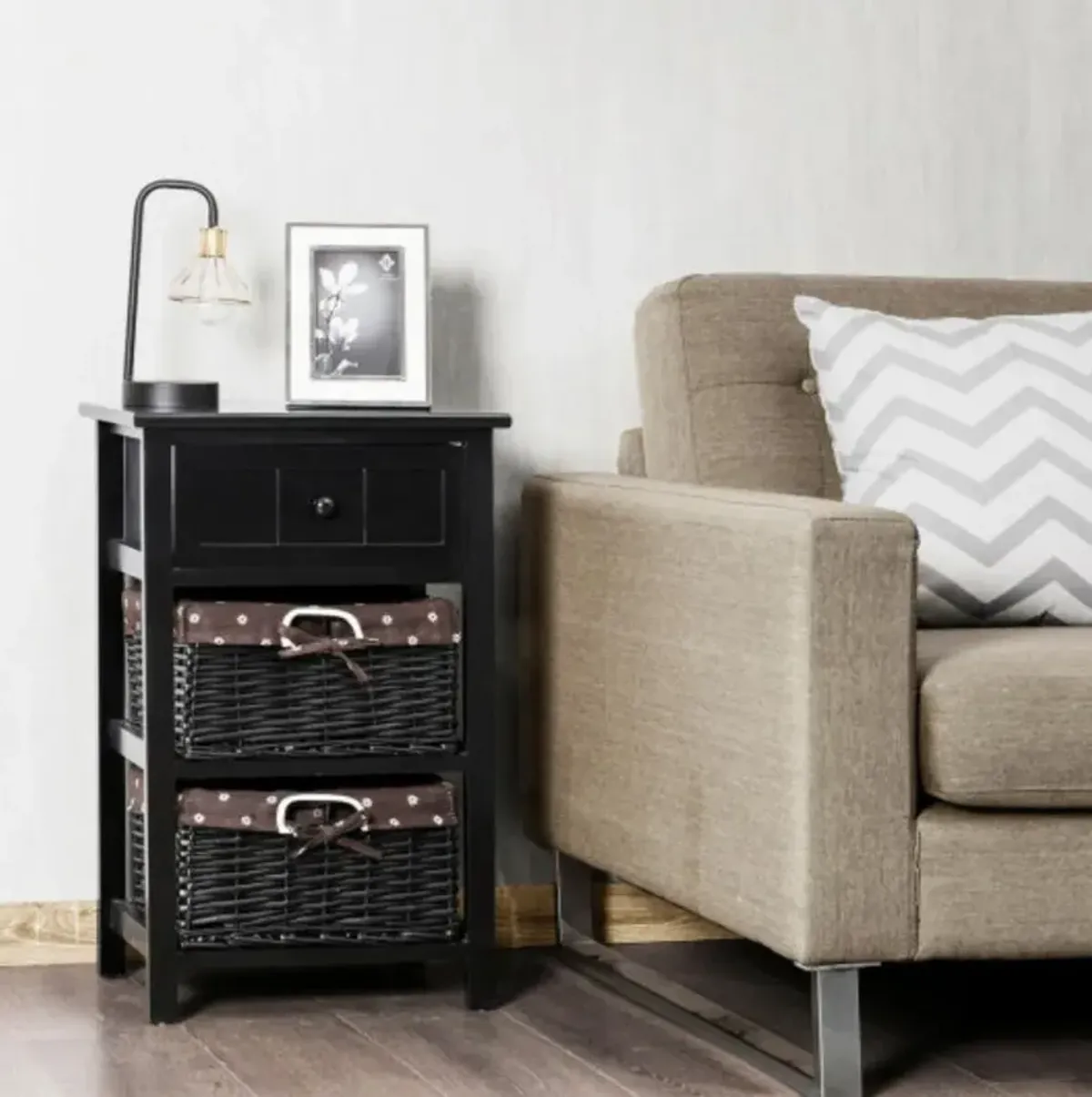 3 Layer 1 Drawer Nightstand End Table with 2 Baskets