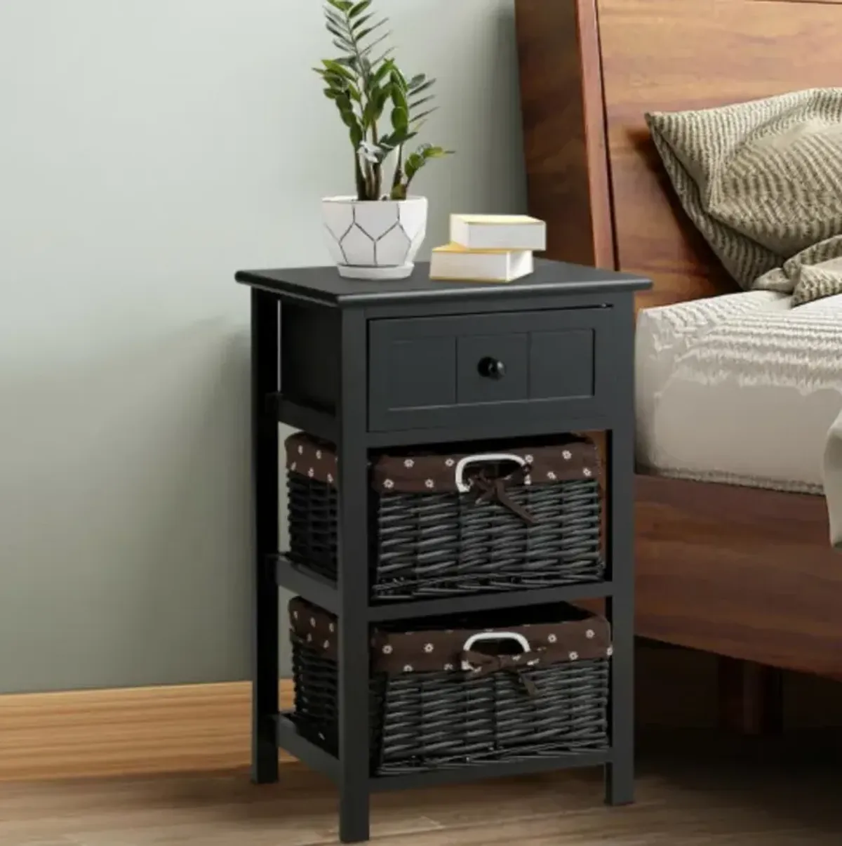 3 Layer 1 Drawer Nightstand End Table with 2 Baskets